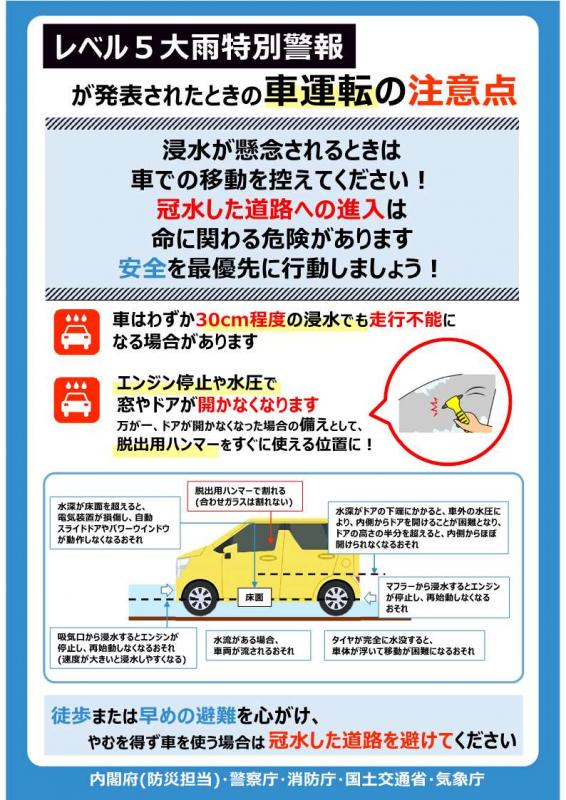 レベル5大雨特別警報が発表されたときの車運転注意点