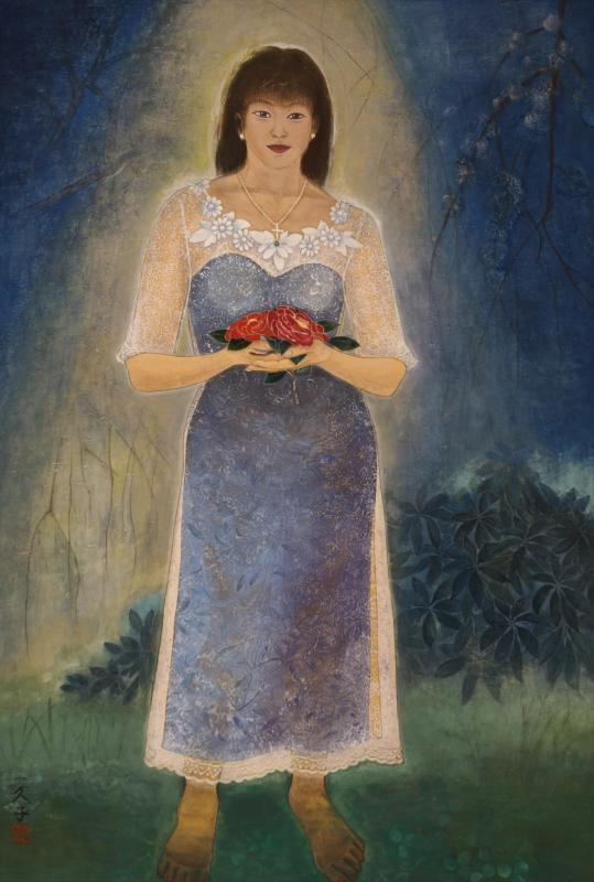 青いドレスを着て赤い花を抱えた女性が描かれている日本画