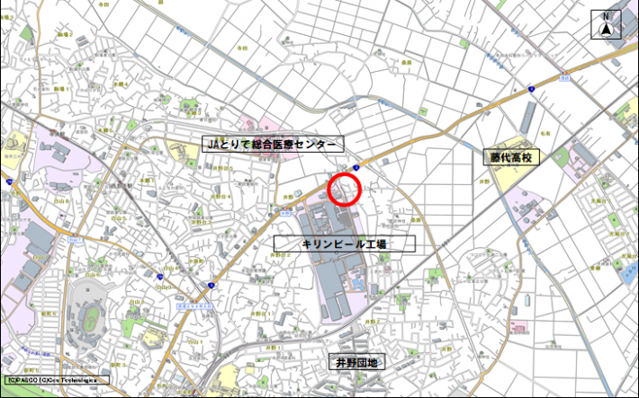 桑原工事の位置図。キリンビール、医療センター、藤代高校の中央が対象。