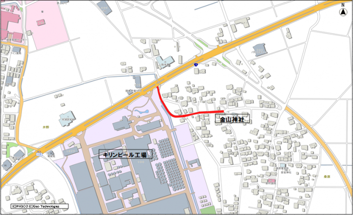 詳細位置図。6号からキリンビール工場脇を通り金山神社までが対象。