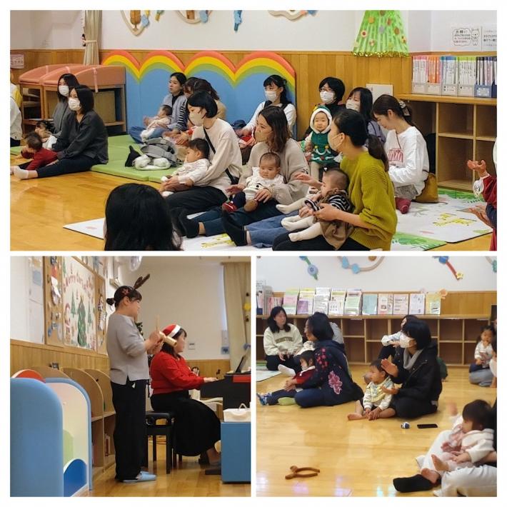 音楽を聴いている親子の写真