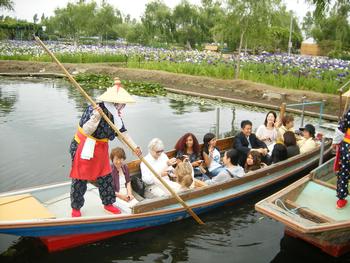 あやめ祭りで舟に乗るユーバ市民訪問団