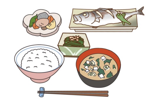 野菜がたくさん入った味噌汁の他、魚料理や米が並んでいる