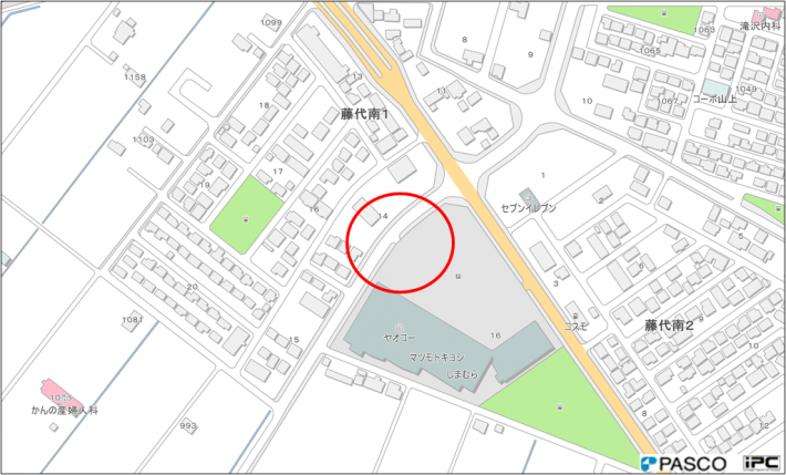 位置図（藤代南一丁目地内の工事箇所に赤丸の印）