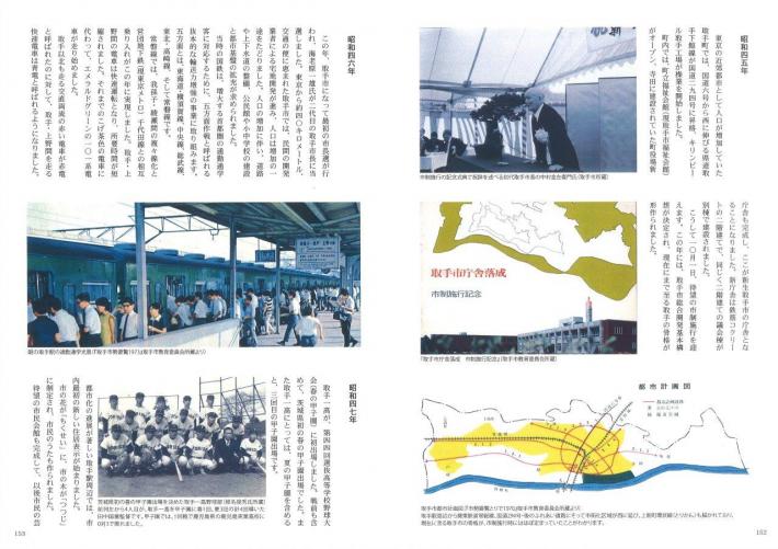 昭和45年から47年を取り上げたページ。見開きページで、三段組み、駅の写真や図などと説明文の記載。