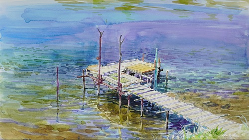 四宮義俊さんの作品「釣り桟橋午前10時」利根川にあった桟橋の水彩画です