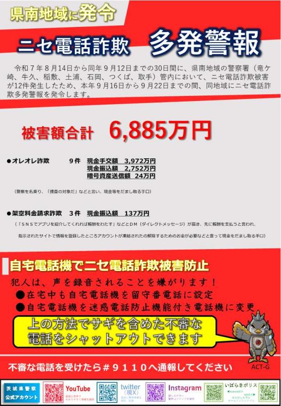 茨城県警察ニセ電話詐欺多発警報