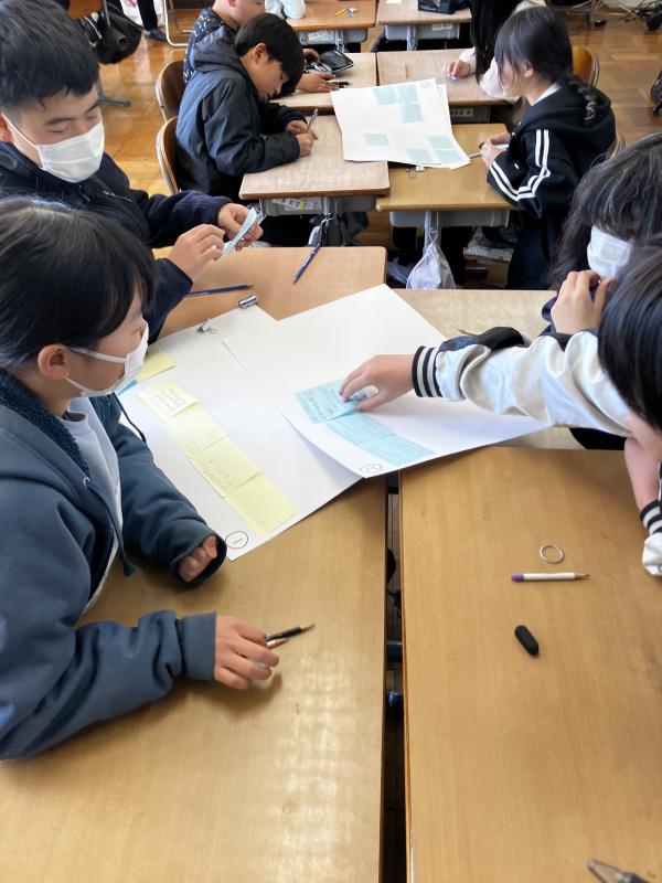 模造紙に付箋紙を貼り付ける児童たち