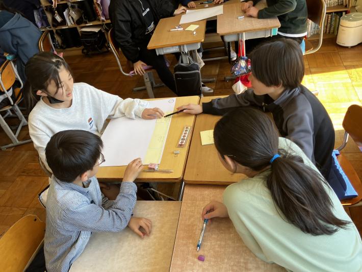 グループ内で話し合う児童たち