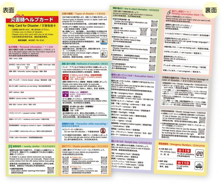 ヘルプカード記載内容　災害の種類や私の情報記載欄、避難所にもっていくものを記載しています。