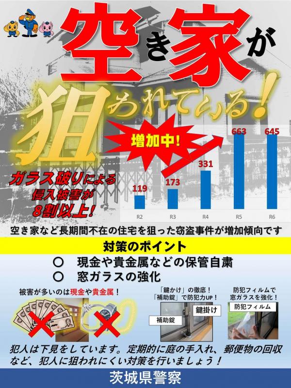 空き家には貴金属や現金を置かず、窓ガラスの施錠を強化して侵入窃盗被害を防ぎましょう。