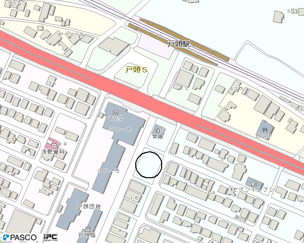 戸頭駐輪場位置図。戸頭駅を出て国道294号を越えた先の常陽銀行の隣の区画。