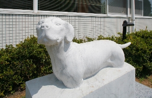 何かを静かに見つめる犬の石彫刻作品