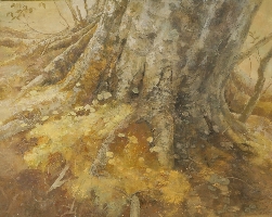 命の力強さを感じるようなどっしりとした大木の根元を描いた作品