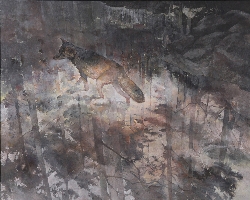 東北の山奥の沼の景色に狐を自分に見立てて描いた作品