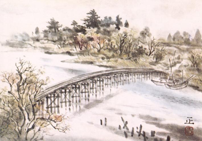 市之代の小貝川風景の絵。小さな橋が描かれている。