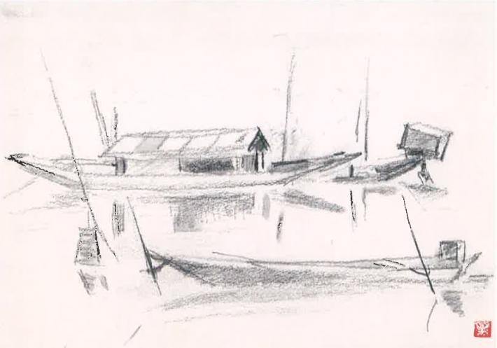 大利根の川べりに浮かぶ船の絵