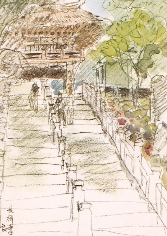 長禅寺の階段から山門を描いた絵