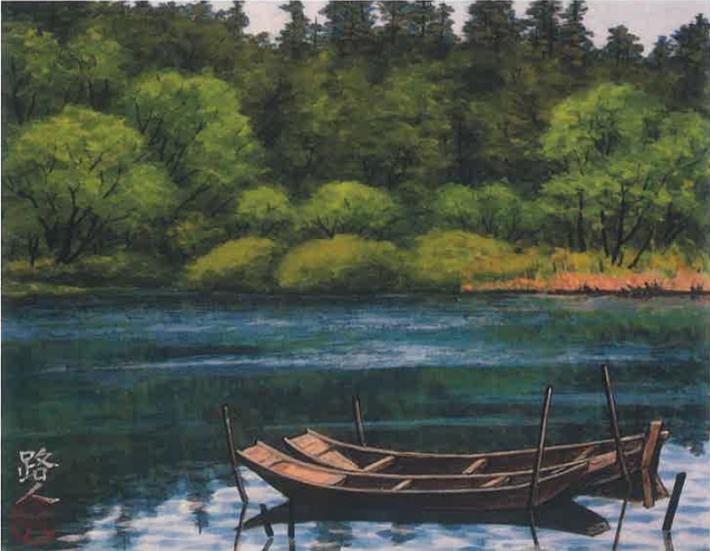 小堀の川と新緑を描いた絵。小舟が浮かんでいる。