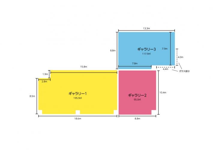 ギャラリー見取り図。ギャラリー1の右横にギャラリー2が配置。ギャラリー2の上にギャラリー3が配置されている平面図。