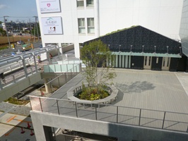 円形ベンチのある屋上広場の写真