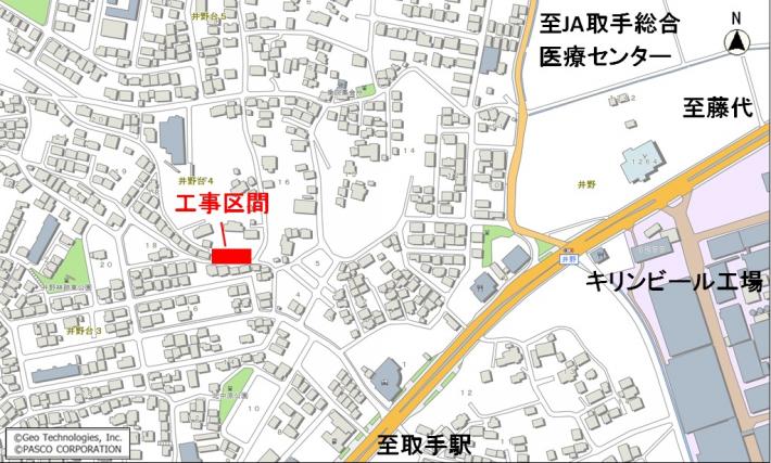 工事箇所の地図の画像。国道6号が東に記載され、キリンビール工場などもある。少し西に行った場所を赤で工事区間と記載。