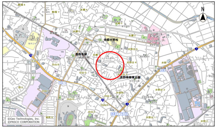 井野台三丁目の位置図。寺原小学校、西取手駅、井野林跡東公園の中央が対象。