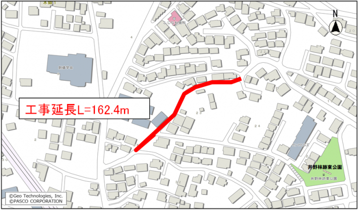 改良工事の詳細位置図。井野台三丁目と四丁目の間。