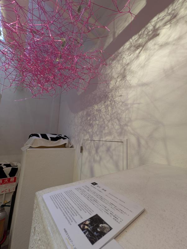 白基調のスペースにピンクの針金製作品が展示されている