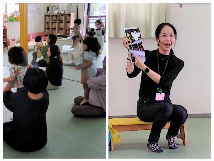 生き物が飛び跳ねる絵本の読み聞かせ