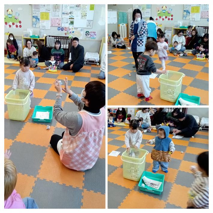 紙をまるめて、節分の豆を作る様子