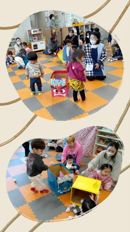 鬼の顔がついた箱に豆を投げ入れる様子