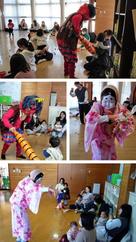 豆まきごっこで鬼と福の神の写真