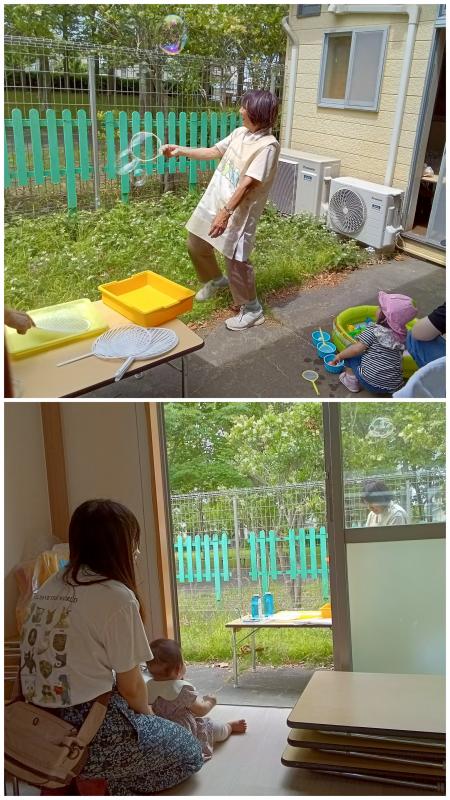 先生がシャボン玉を作って、親子が見ている様子