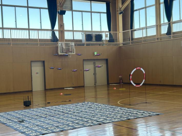 体育館内に複数のドローンが飛んでいる