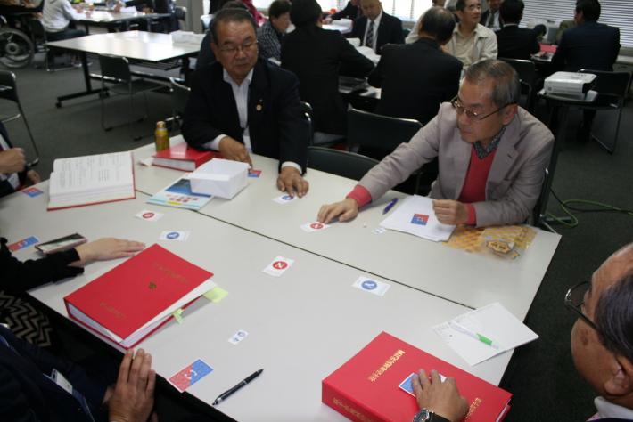 赤い本が机上に置かれた机の周りに参加者が座る。参加者がYES・NOカードで自分の意思を示している様子。