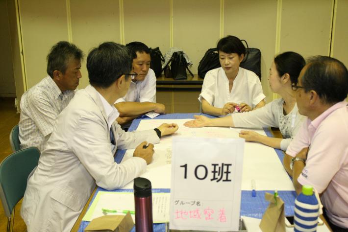 青い机を囲んで白いシャツを着た男性4名と女性2名が座っている。机上に模造紙と、10班と書かれた立て札が置かれている