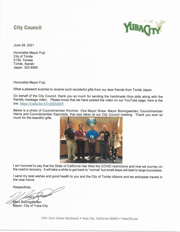 ユーバ市からの手紙。ユーバ市長からの感謝の気持ちが記してある。
