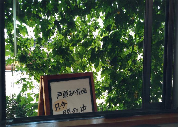 戸頭お休み処の緑のカーテン。室内からの写真で、緑のカーテンと、施設名の入った看板が写真に収められている。