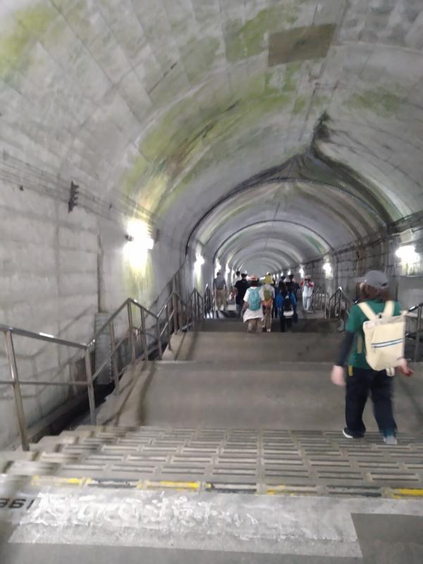 土合駅の階段を下る児童達と取手市の職員