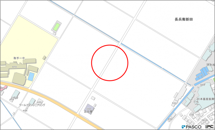 位置図（吉田地内の工事箇所に赤丸の印）