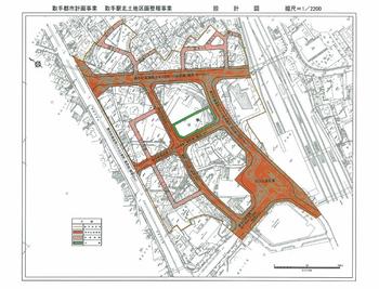 取手駅北土地区画整理事業計画図。工事区域が色分けされている