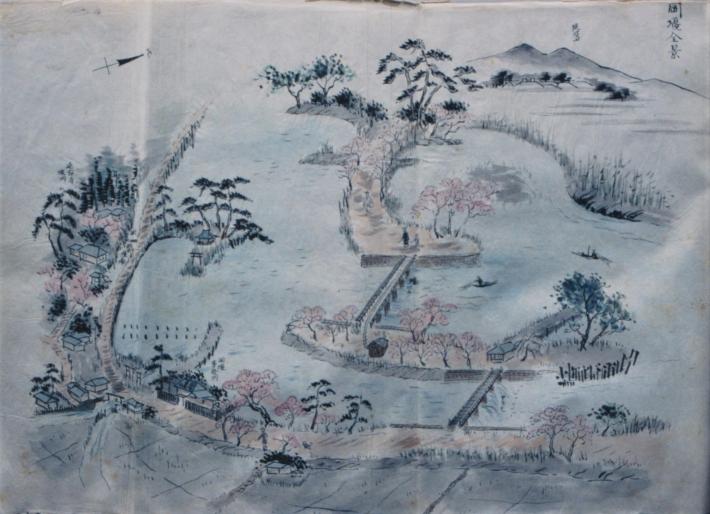 赤松資次郎画伯が描いた明治32年以降の岡堰全景写真