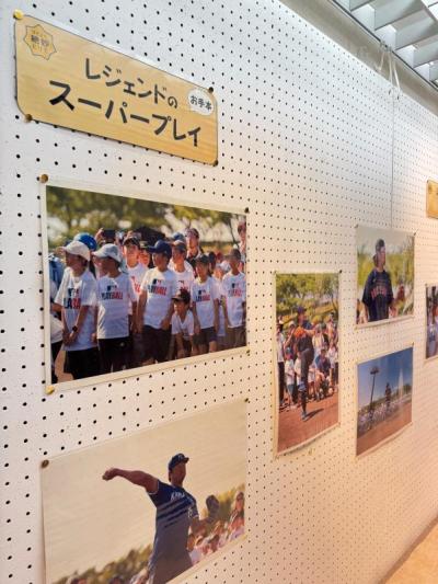 元MLBプレイヤーのスーパープレイの写真が展示してある様子