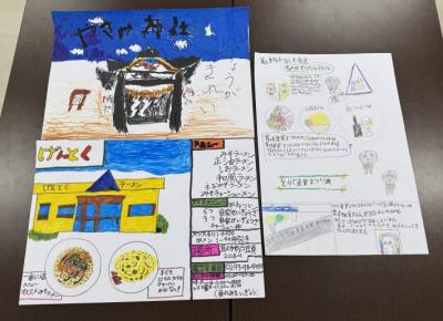 ポスター3枚が並んでいる写真で左上（八坂神社）左下（ラーメン屋）右（産業まつりとマルシェ）