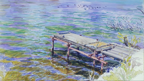 四宮義俊さんの作品「釣り桟橋正午」利根川にあった桟橋の水彩画です