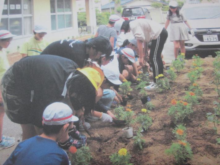 小学校での緑化活動の様子。土が盛られた花壇の前に8人ほどが並び土をいじっている