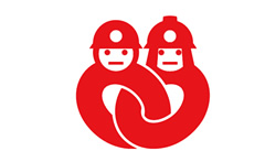 消防団協力事業所マーク。消防服を着た消防団員がプレッツエルのような形のロゴとしてデザインされている。