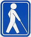 盲人のための国際シンボルマークの画像。歩いている人が杖を斜め下に伸ばしている