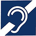 聴覚障害者を表示する国際シンボルマークの画像。紺色の四角に耳の形のマークが描かれている。